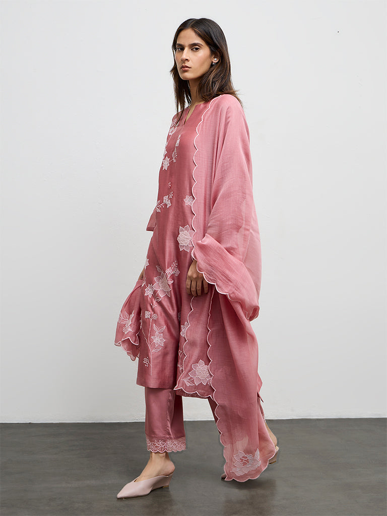 Zuba Dusty Pink Floral Embroidered Pants