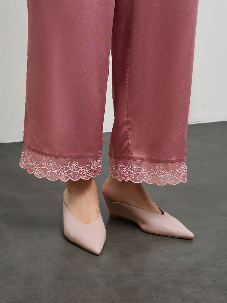 Zuba Dusty Pink Floral Embroidered Pants