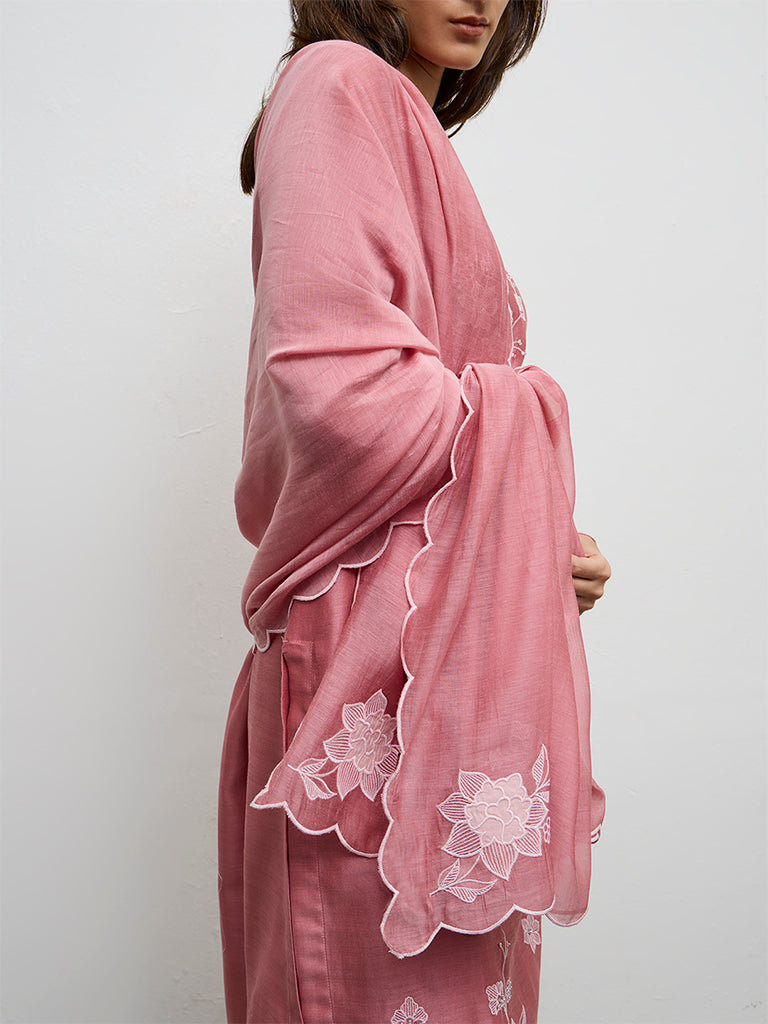 Zuba Dusty Pink Floral Embroidered Silk Chanderi Dupatta