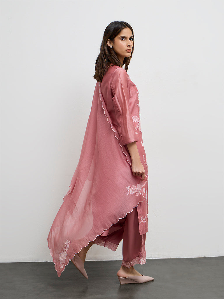 Zuba Dusty Pink Floral Embroidered Silk Chanderi Dupatta