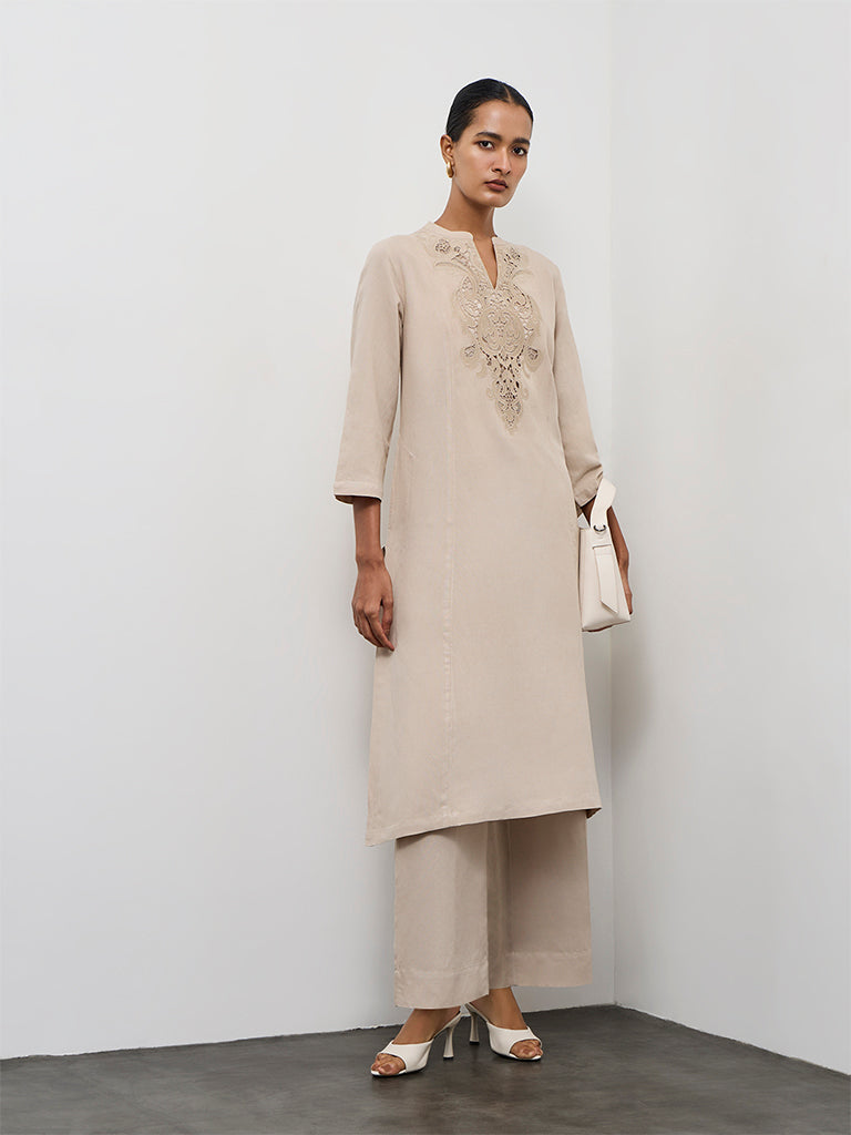 Zuba Light Taupe Embroidered Cotton Linen A-Line Kurta