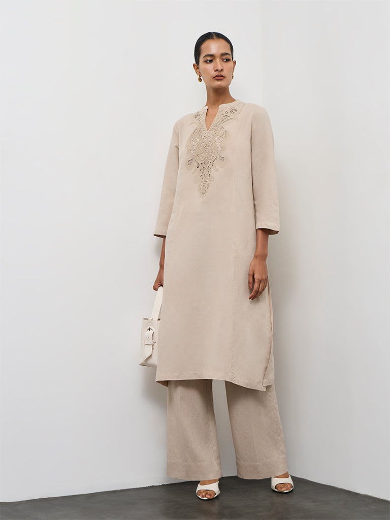 Zuba Light Taupe Embroidered Cotton Linen A-Line Kurta