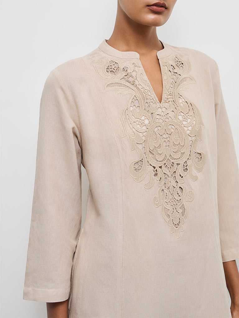 Zuba Light Taupe Embroidered Cotton Linen A-Line Kurta