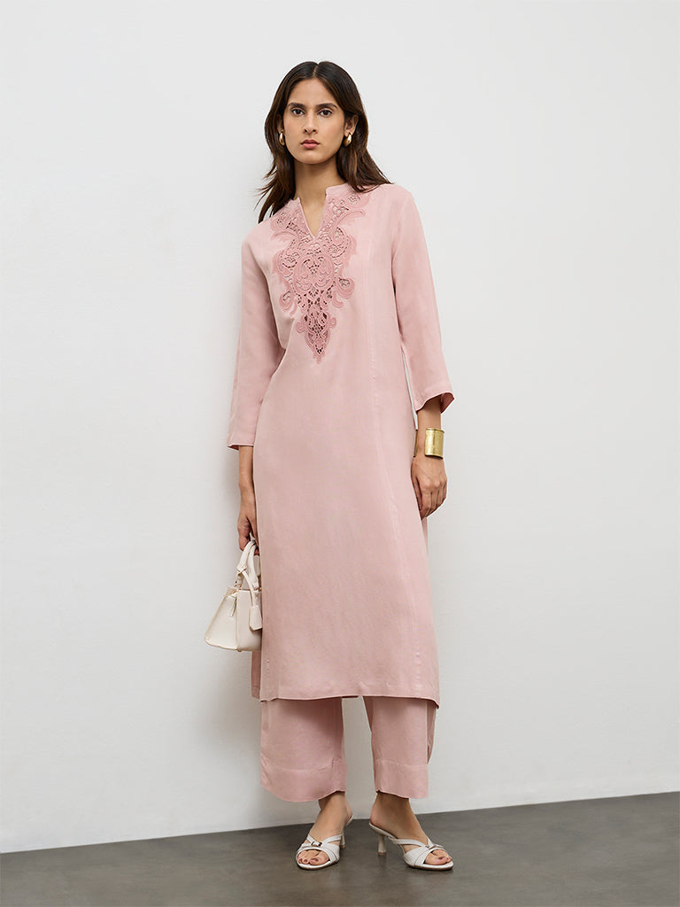 Zuba Pink Embroidered Cotton Linen A-Line Kurta