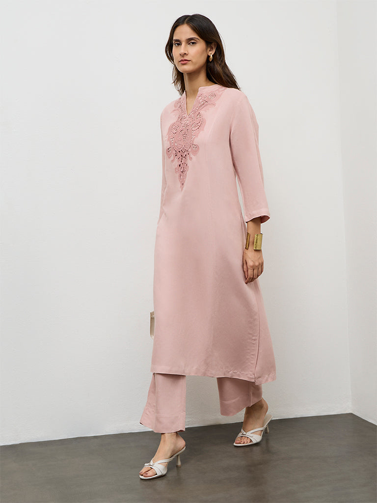Zuba Pink Embroidered Cotton Linen A-Line Kurta