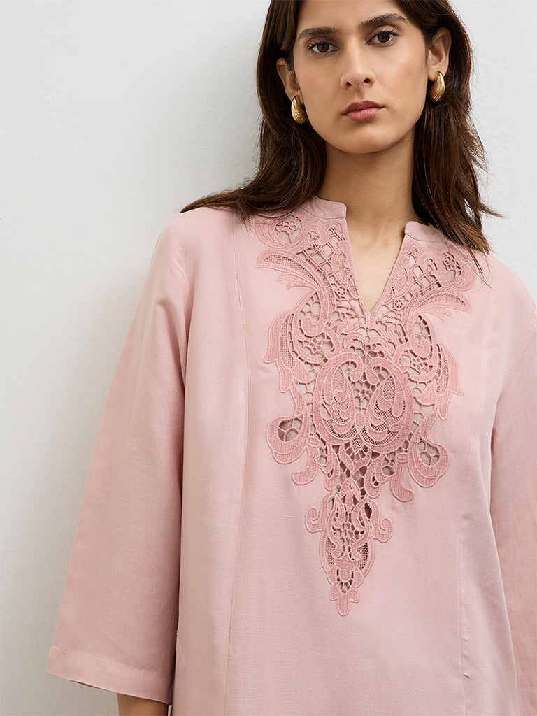 Zuba Pink Embroidered Cotton Linen A-Line Kurta