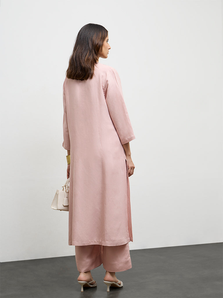 Zuba Pink Embroidered Cotton Linen A-Line Kurta