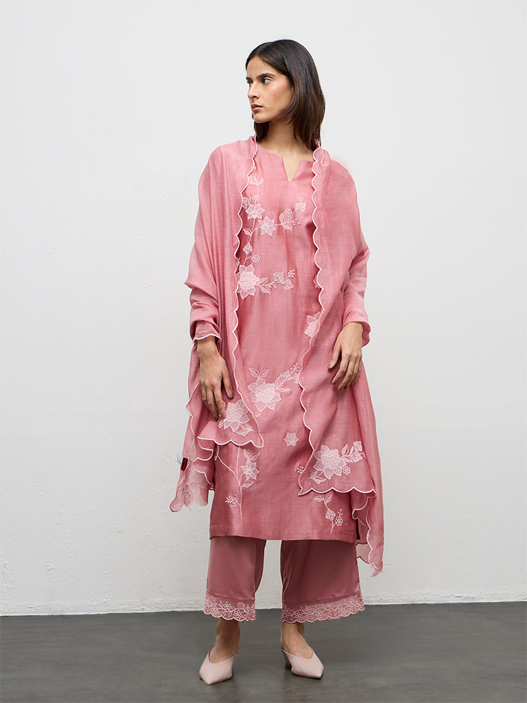 Zuba Dusty Pink Floral Embroidered Cotton-Blend A-Line Kurta