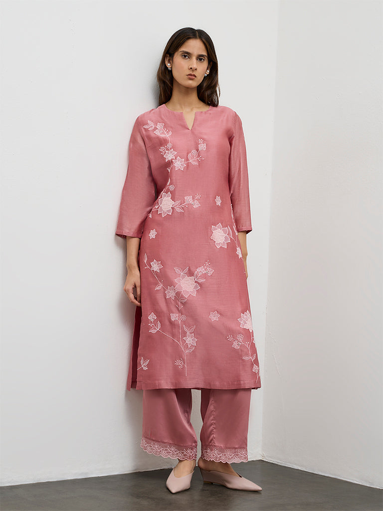 Zuba Dusty Pink Floral Embroidered Cotton-Blend A-Line Kurta