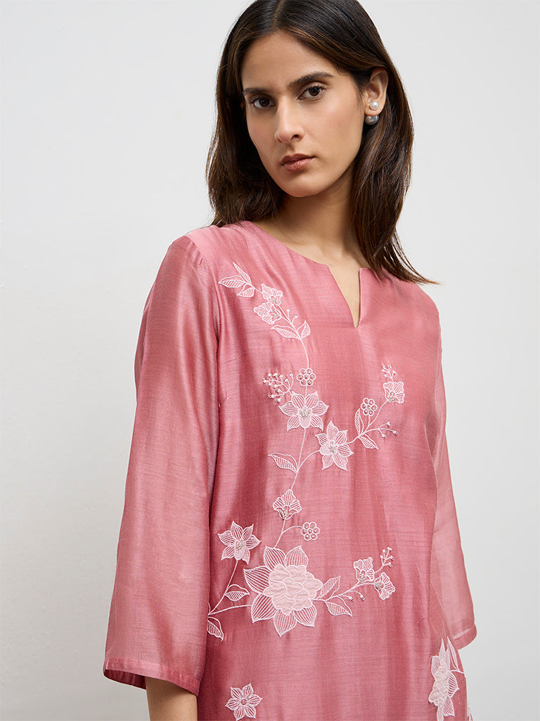 Zuba Dusty Pink Floral Embroidered Cotton-Blend A-Line Kurta