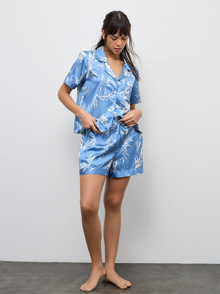 Wunderlove Blue Foliage Printed Shirt and Shorts Set