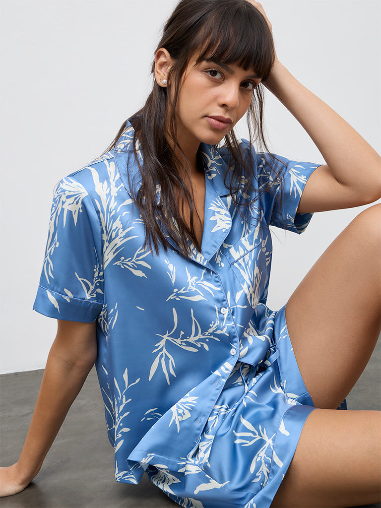 Wunderlove Blue Foliage Printed Shirt and Shorts Set