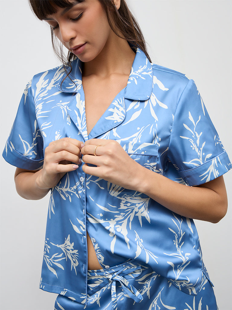 Wunderlove Blue Foliage Printed Shirt and Shorts Set