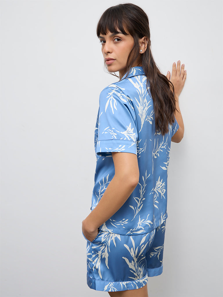 Wunderlove Blue Foliage Printed Shirt and Shorts Set