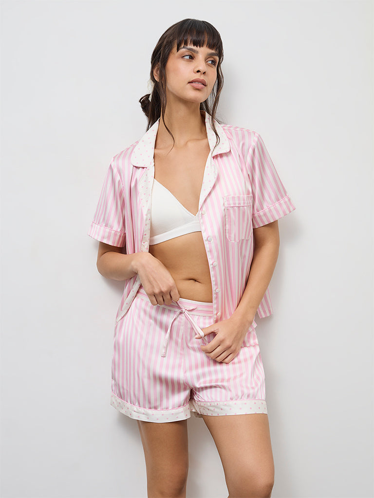Wunderlove Pink Striped Satin Shirt and Shorts Set