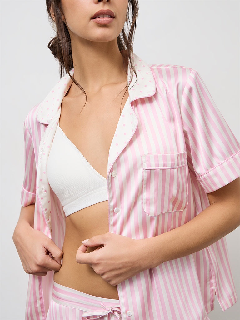 Wunderlove Pink Striped Satin Shirt and Shorts Set