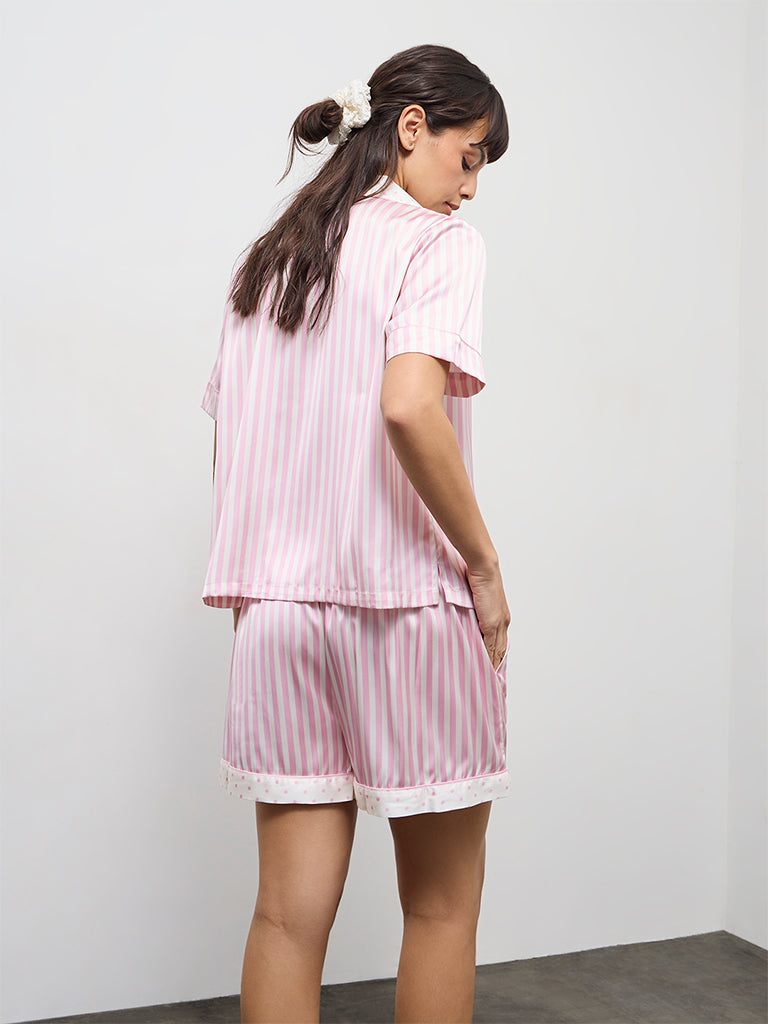 Wunderlove Pink Striped Satin Shirt and Shorts Set