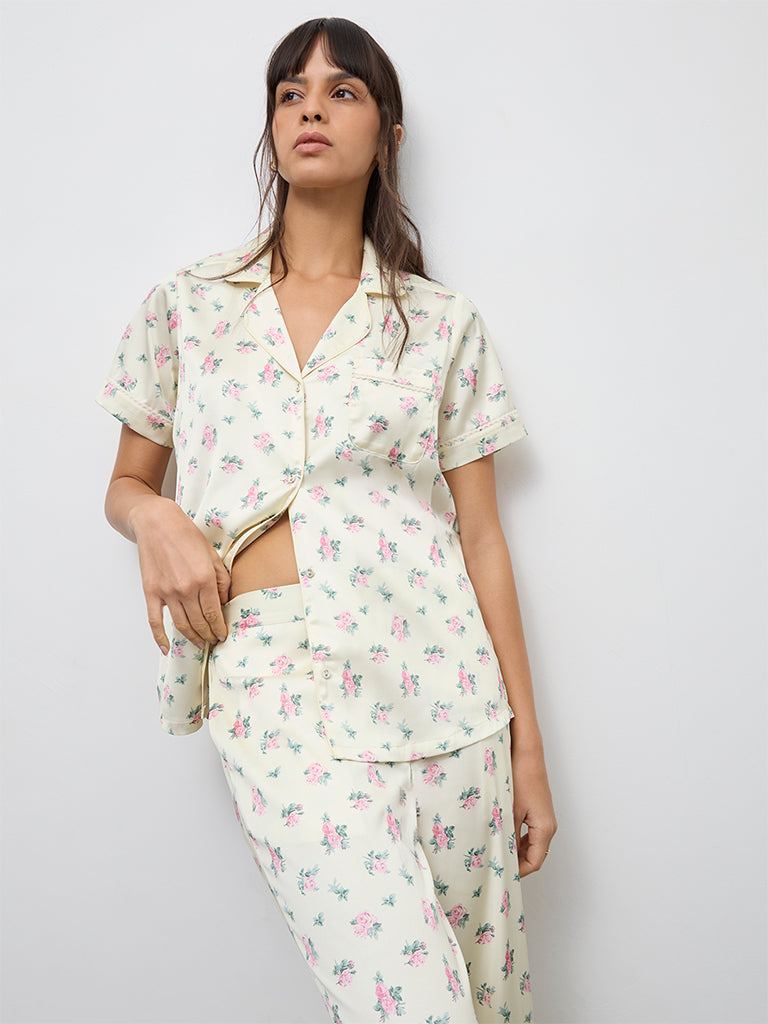 Wunderlove Light Yellow Floral Printed Shirt and Pyjamas Set