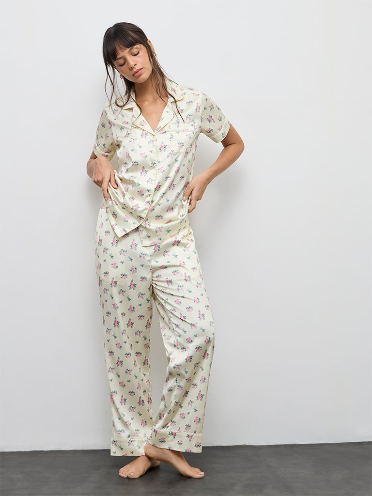 Wunderlove Light Yellow Floral Printed Shirt and Pyjamas Set