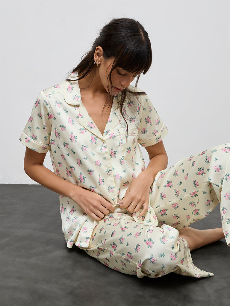 Wunderlove Light Yellow Floral Printed Shirt and Pyjamas Set