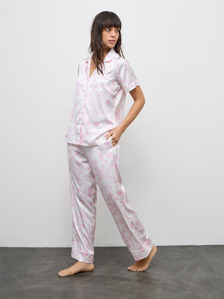 Wunderlove Pink Floral Printed Shirt and Pyjamas Set