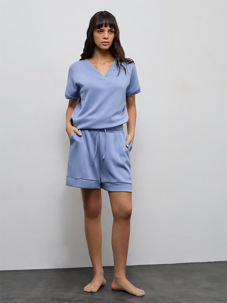 Wunderlove Dusty Blue Solid V-Neck Top