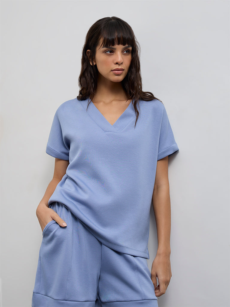 Wunderlove Dusty Blue Solid V-Neck Top
