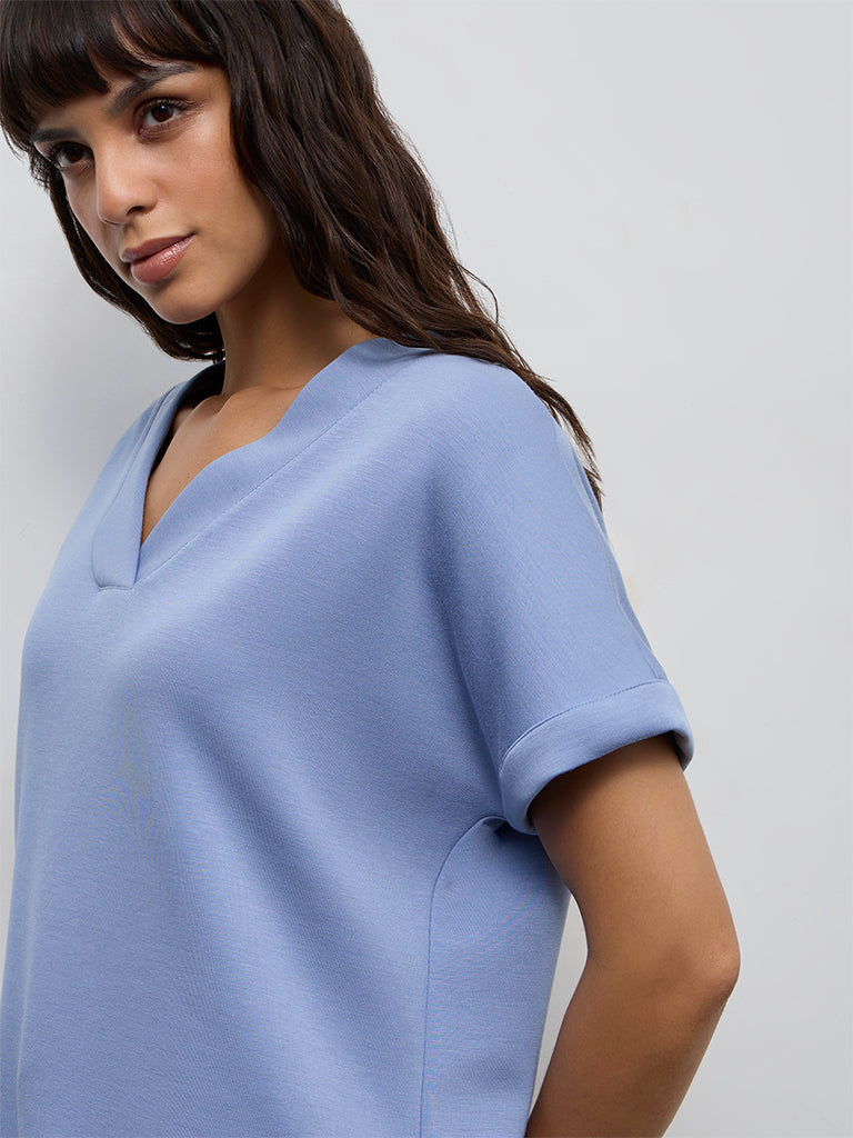 Wunderlove Dusty Blue Solid V-Neck Top