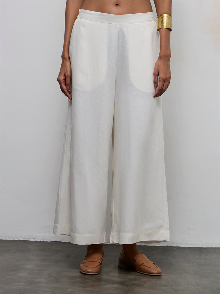 Zuba Off-White Solid Palazzos