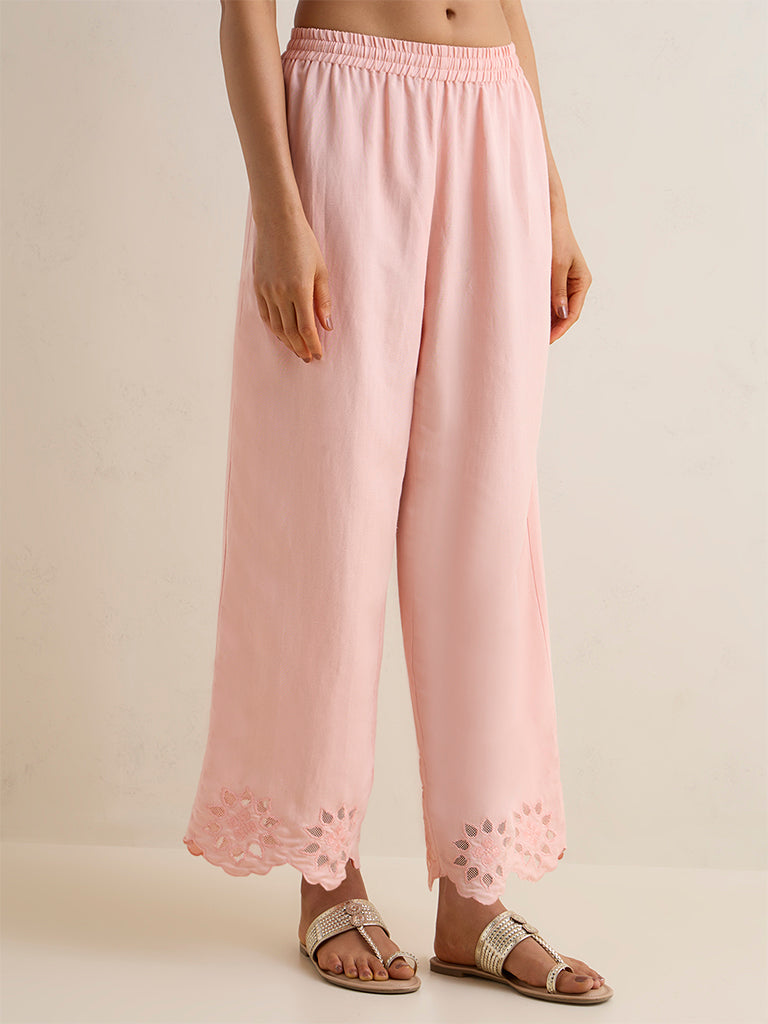 Zuba Peach Floral Embroidered Linen-Blend Pants