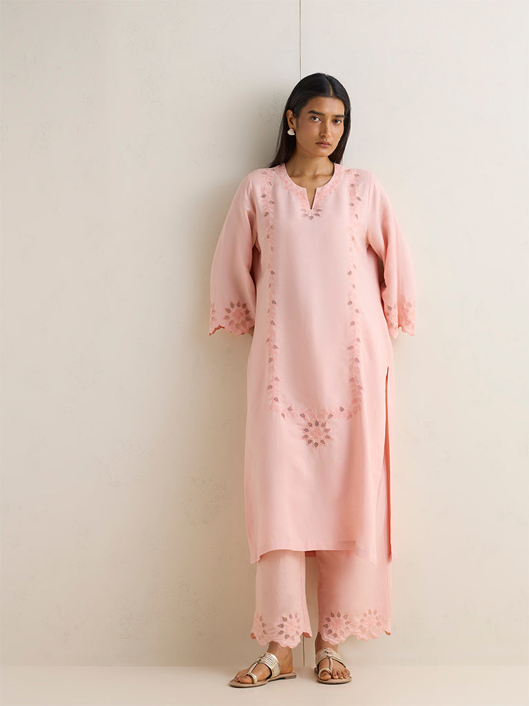Zuba Peach Floral Embroidered Linen-Blend Pants