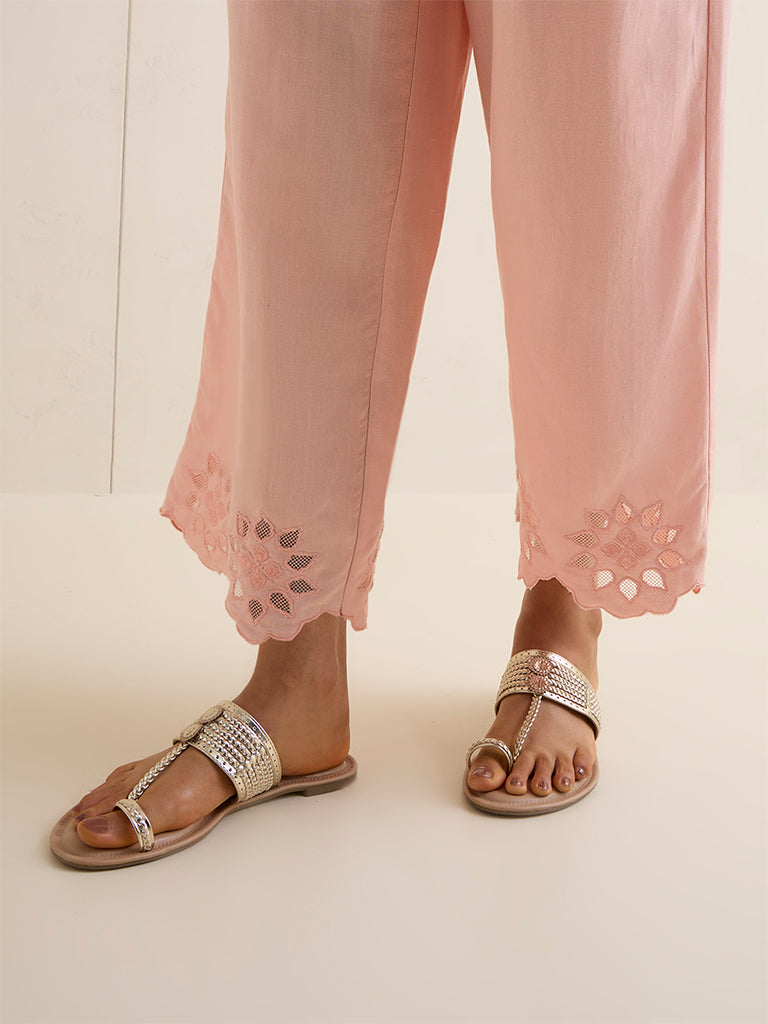Zuba Peach Floral Embroidered Linen-Blend Pants