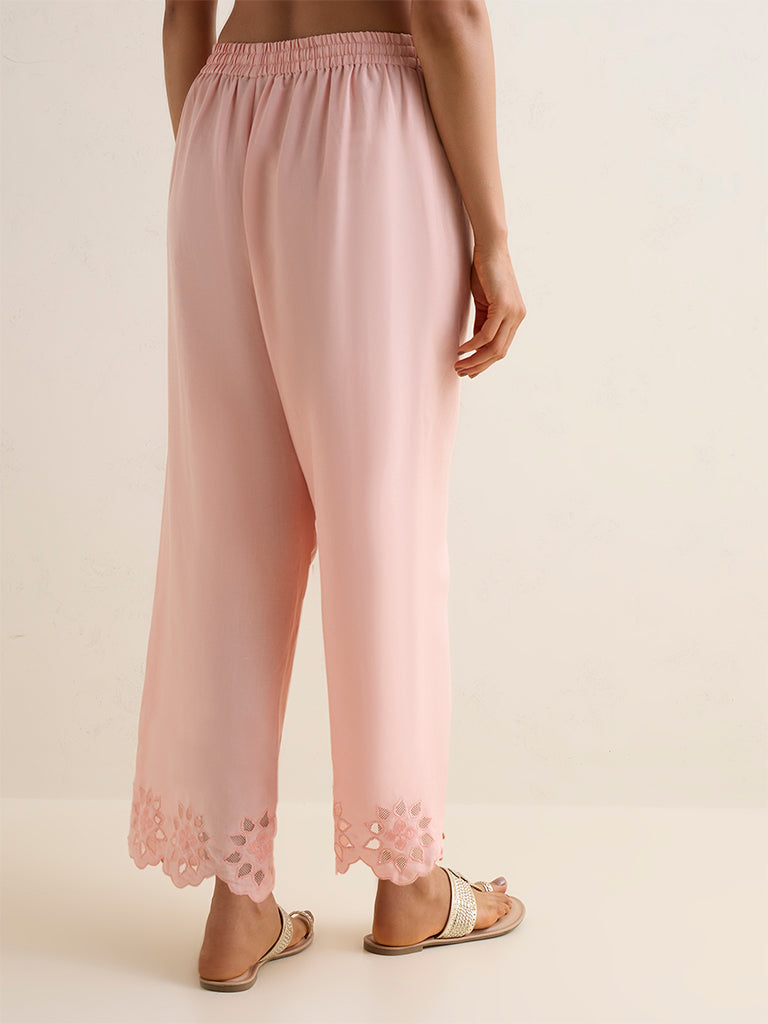 Zuba Peach Floral Embroidered Linen-Blend Pants