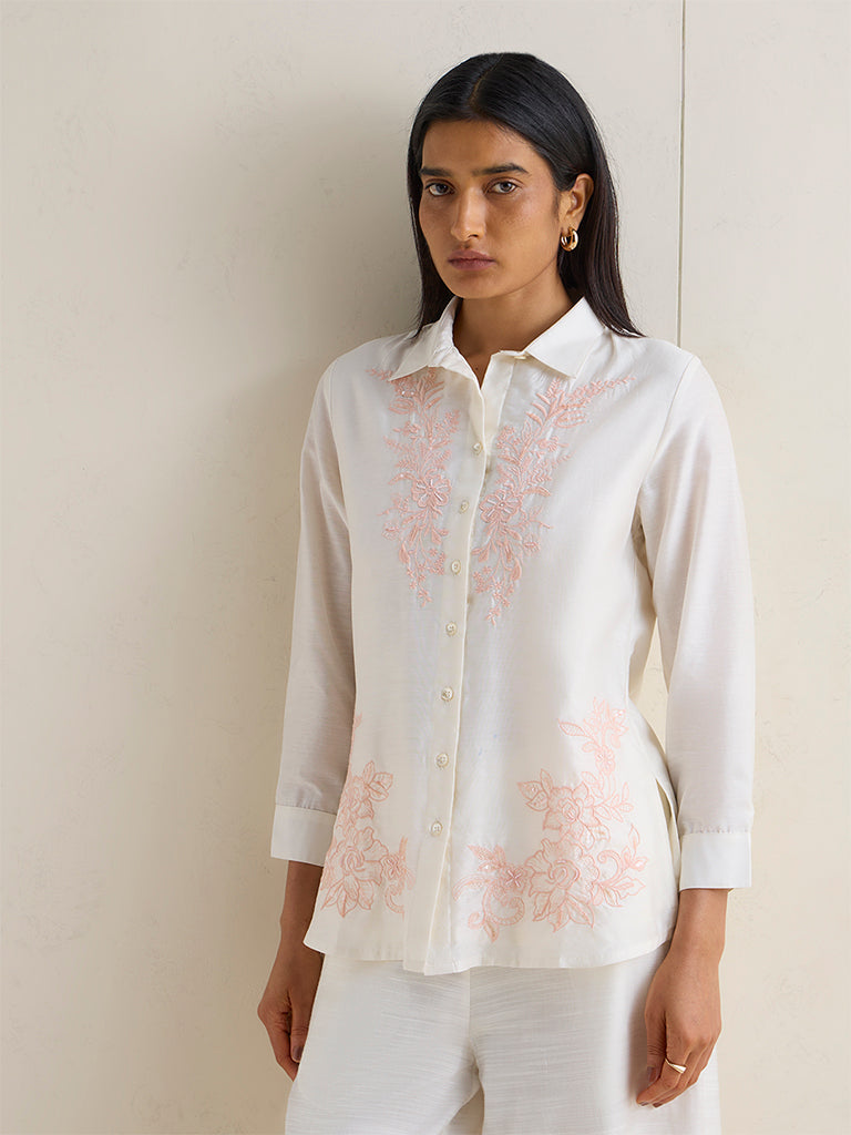 Zuba White Floral Embroidered Cotton-Blend Tunic