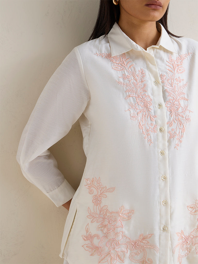 Zuba White Floral Embroidered Cotton-Blend Tunic