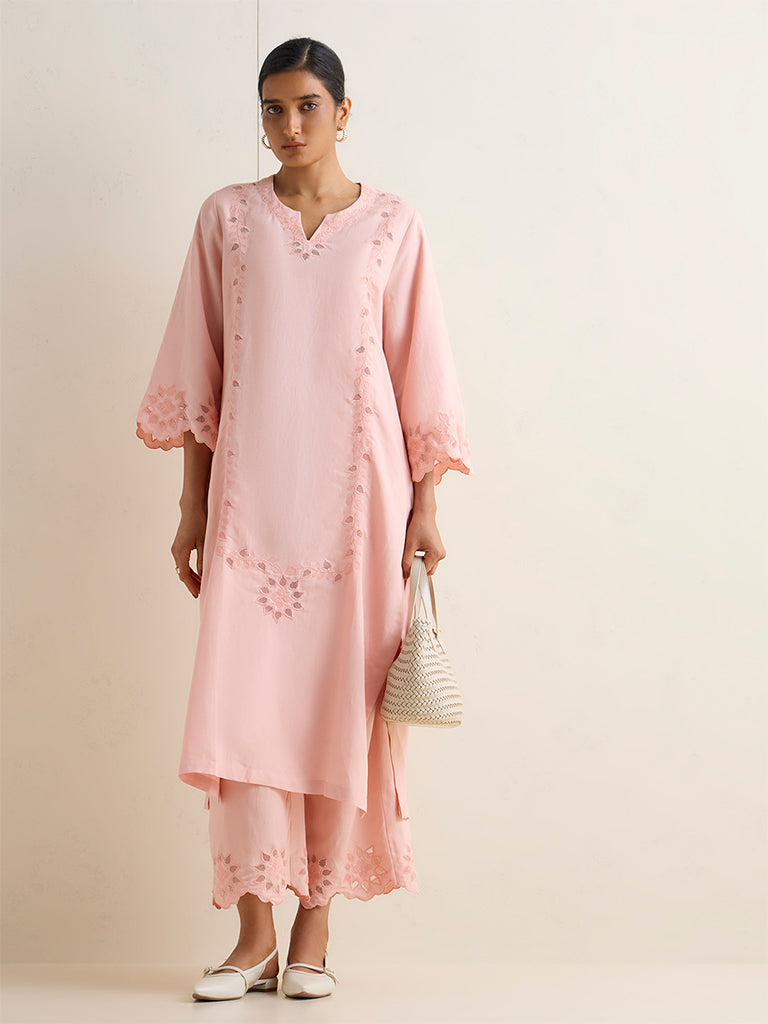 Zuba Peach Floral Embroidered A-Line Kurta