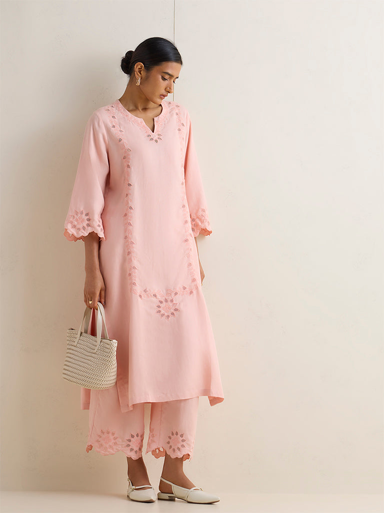 Zuba Peach Floral Embroidered A-Line Kurta