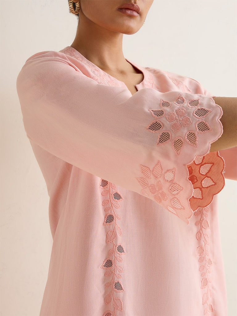 Zuba Peach Floral Embroidered A-Line Kurta
