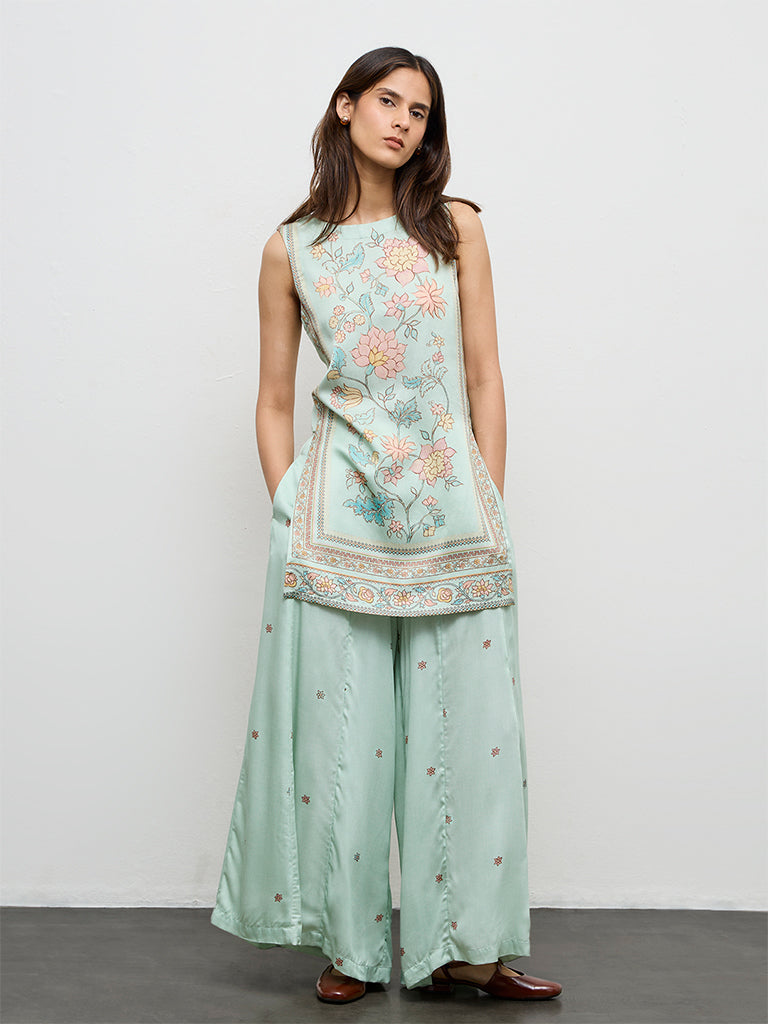 Zuba Aqua Floral Printed Straight Kurta