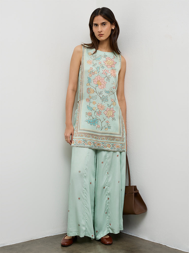 Zuba Aqua Floral Printed Straight Kurta