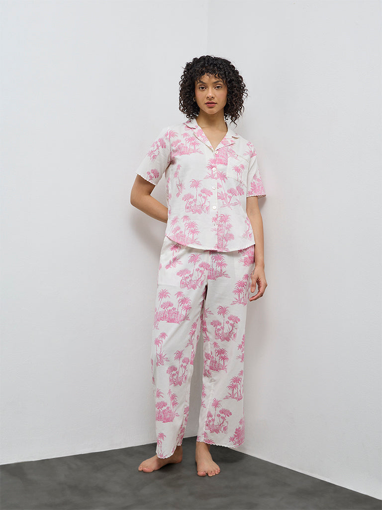 Wunderlove Pink Tropical-Inspired Cotton Shirt and Pyjama Set