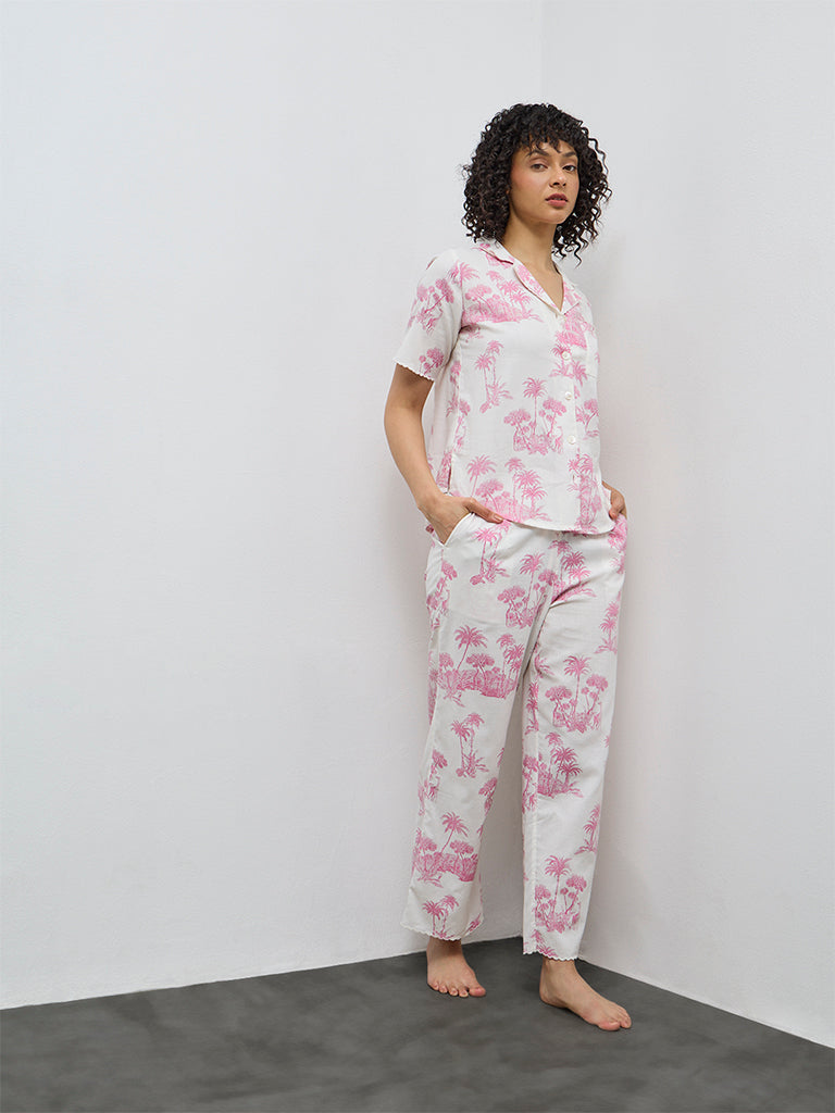 Wunderlove Pink Tropical-Inspired Cotton Shirt and Pyjama Set