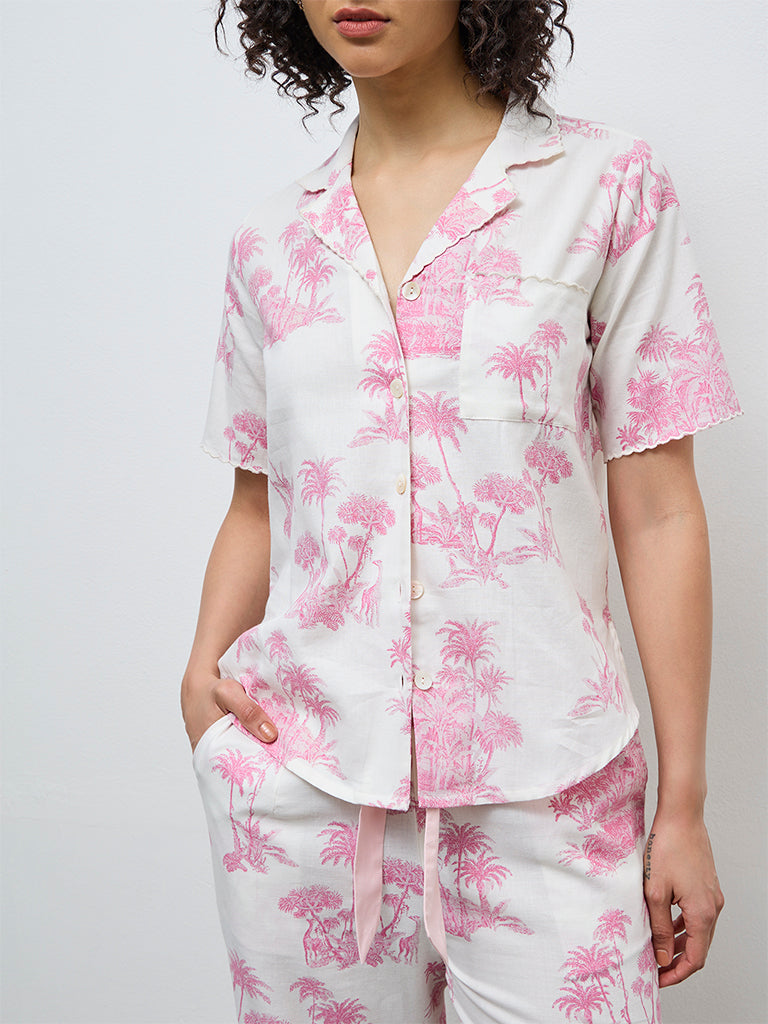 Wunderlove Pink Tropical-Inspired Cotton Shirt and Pyjama Set