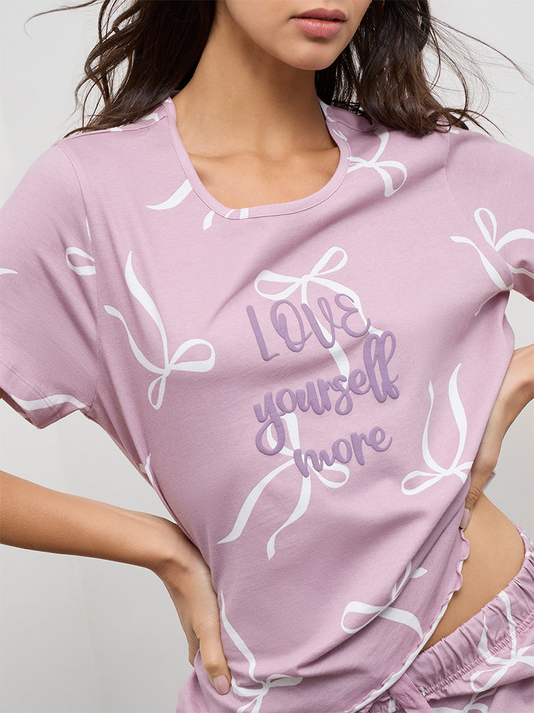 Wunderlove Dusty Pink Text Printed Cotton T-Shirt and Shorts Set