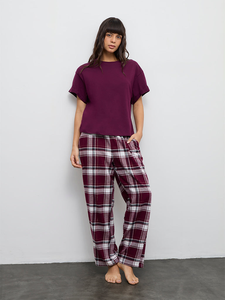 Wunderlove Burgundy Checkered High-Rise Pants