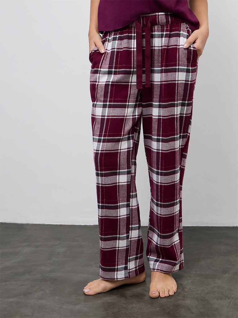 Wunderlove Burgundy Checkered High-Rise Pants