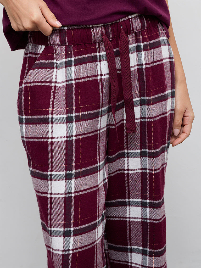 Wunderlove Burgundy Checkered High-Rise Pants