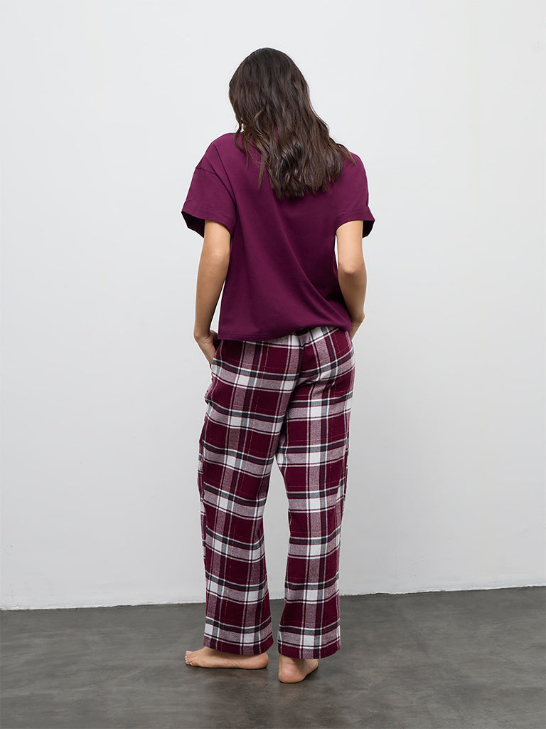 Wunderlove Burgundy Checkered High-Rise Pants