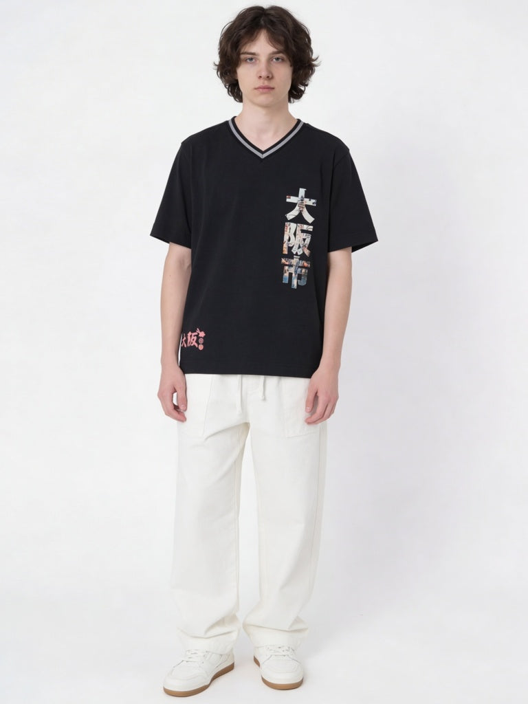 Boys Black Japanese Text-Printed Cotton T-Shirt