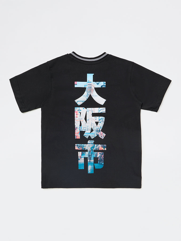 Boys Black Japanese Text-Printed Cotton T-Shirt